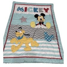 Disney Baby Mickey Mouse Comforter Crib Blanket Embroidery Gray Aqua Chevron Rev