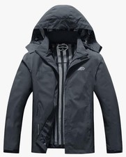 OTU Men's Grey Breathable Lightweight Waterproof Hooded Rain Jacket Coat Large