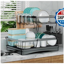 7 code 2-Tier Large Dish Drying Rack Kitchen Counter Black