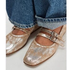 Free People Gemini Mary Jane Square Toe Ballet Flat Sz 9 Metallic Champagne Gold