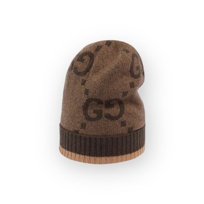 Gucci GG Kaschmir Mütze beige/dunkelbraun Monogramm Beanie Größe M