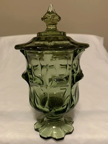 Fenton Rare Mid Century Vintage Valencia Colonial Green Glass Covered Compote