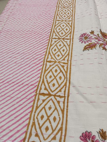 Indian block Pink White Kantha Quilt,blanket Cotton Queen Bedspread Gudari Throw - Picture 8 of 12