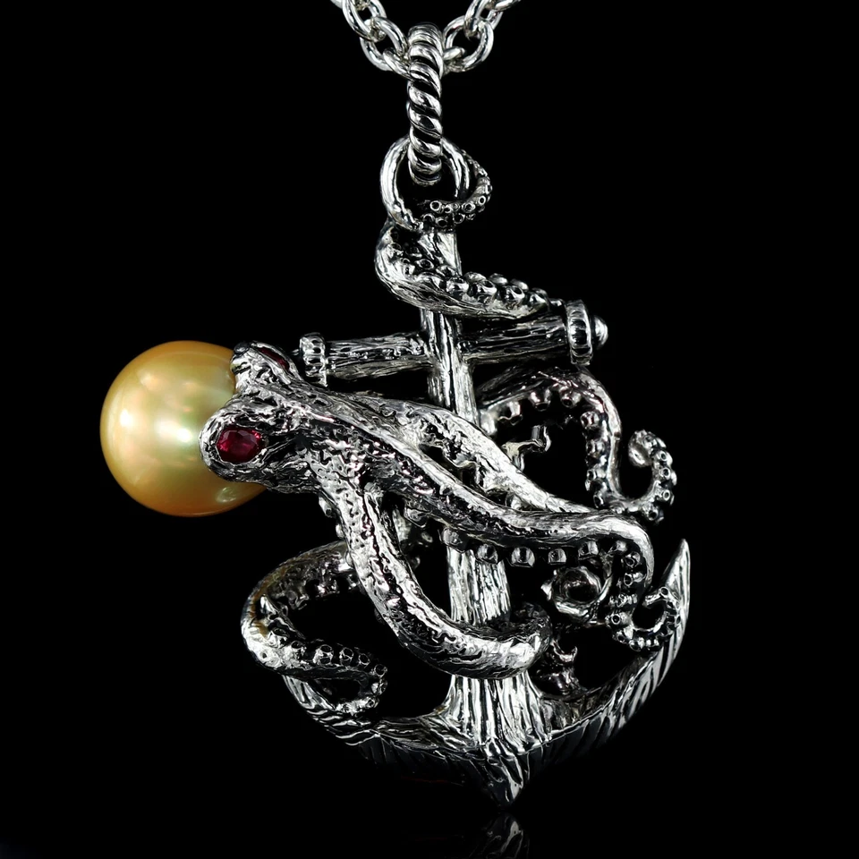 Pulpo Negro Mar del Sur Perla Grande, Collar Pulpo, Ancla Pulpo Colgante Foto 3 de 4