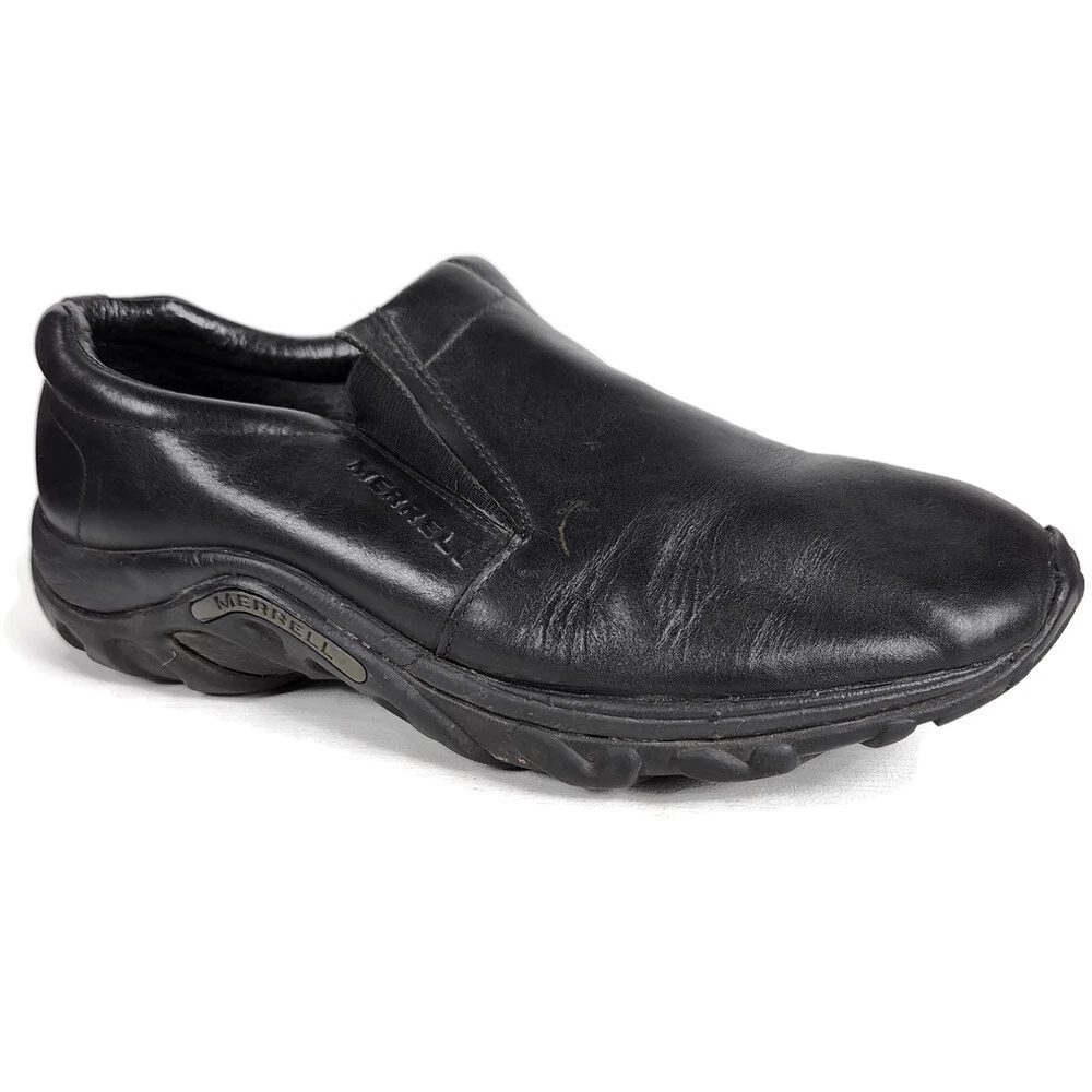 Merrell Jungle Moc Slip On Loafer Mens 10.5 Black Leather NO INSOLES