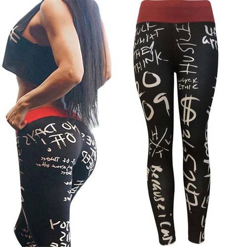 Women’s Fitness Letter Print Slim High Waist Elastic Workout Leggings New - Picture 11 of 14