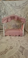 Vintage R.O.C. Pink white wood dollhouse miniature canopy bed