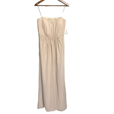 Jenny Yoo Women's Palo Beige Spaghetti Strap Lace Trim Shirred A-Line Gown Sz 10