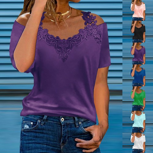 Women Lace V-Neck Short Sleeve Tops Lady Cold Shoulder Solid T-Shirt Tee Blouse
