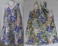 TAHARI 100% Linen  Size S Tie Back Sleeveless A-line dress Pockets Leaf Print