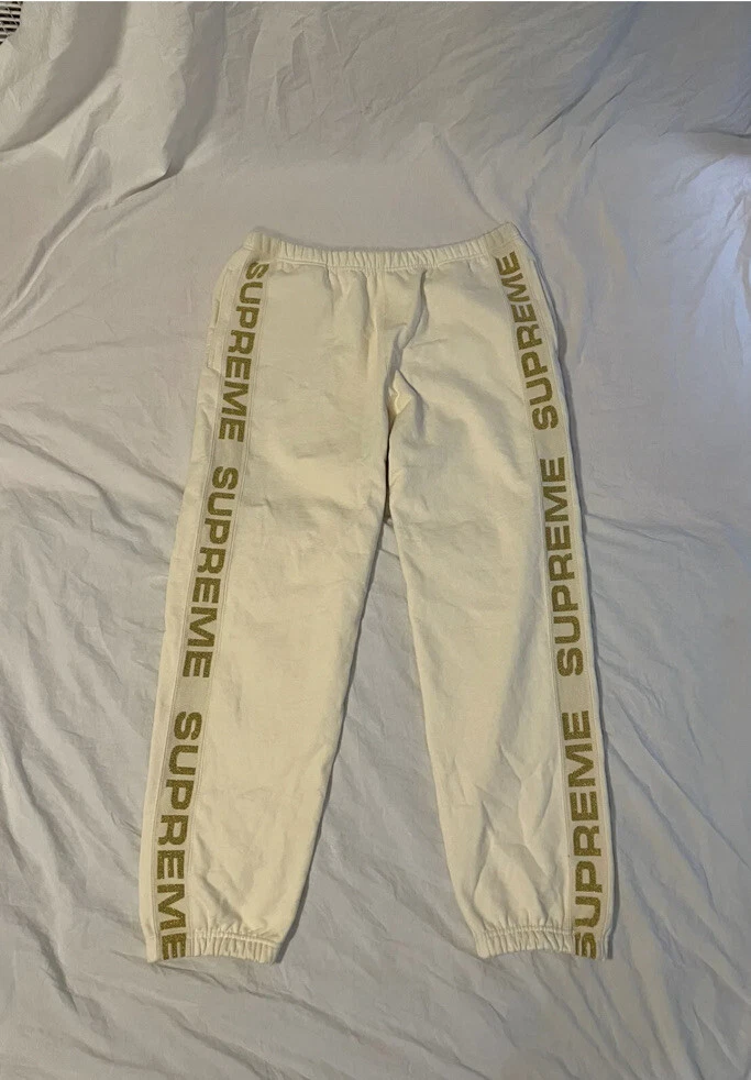 2020 SS20 SUPREME METALLIC RIB SIDE BOX LOGO SWEATPANTS NATURAL OFF WHITE  GOLD M