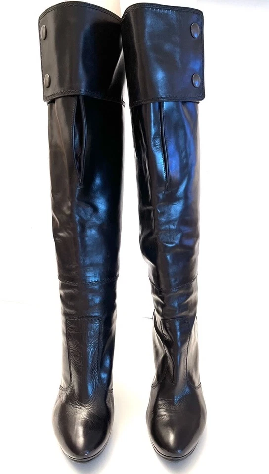 Costume National Black Leather Knee High Pull on Heel Boots SZ 38/8 - Image 4 of 4