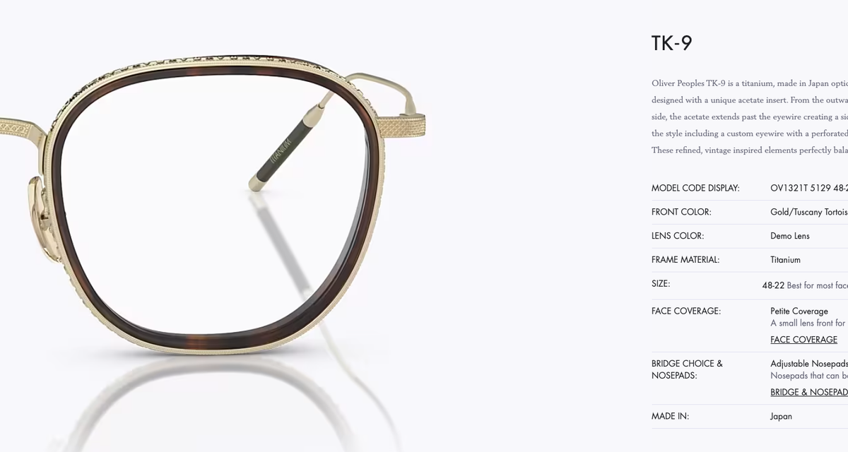 OLIVER PEOPLES TK-9 OPTICAL OV1321T in Gold/ Tuscany Tortoise MSRP