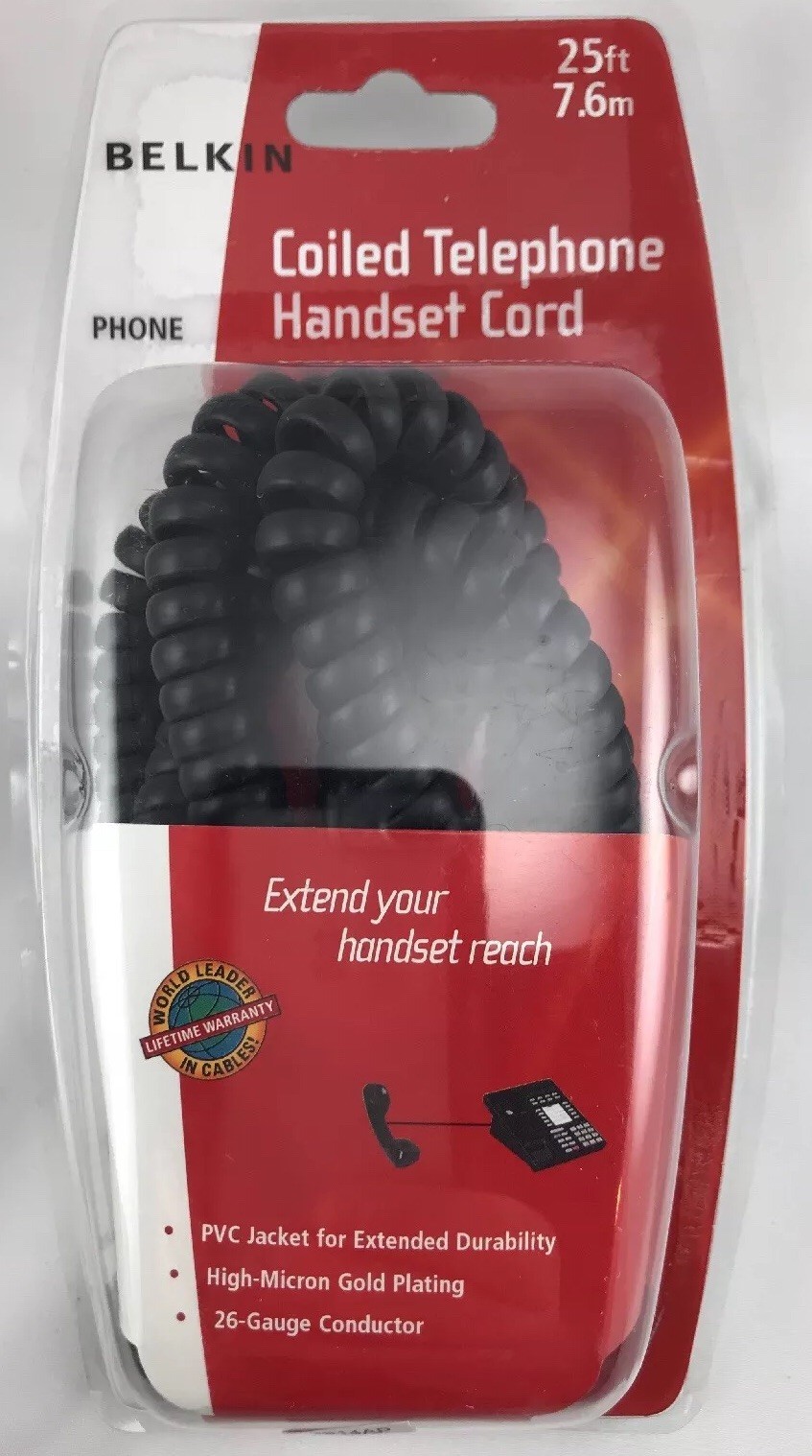 Belkin F8V101 25 Black Curly Coiled Phone Cable Handset Cord RJ11 Male