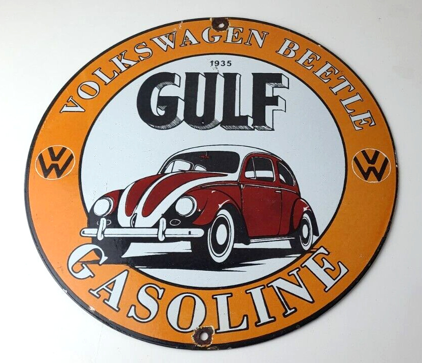 Vintage Gulf Gasoline Sign - Volkswagen Sign - Gas Pump Station Porcelain Sign