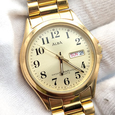 SEIKO ALBA V733-7A70 Qz Watch All Gold DayDate 10BAR Vintage circa 1994 New Batt