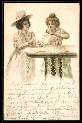 Artist postcard lady with hat at Kaffeeklatsch with her friend 1901 