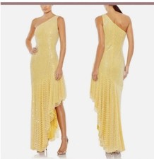 Mac‎ Duggal One Shoulder Pearl Sequin Asymmetrical Hem Yellow Dress Size 10