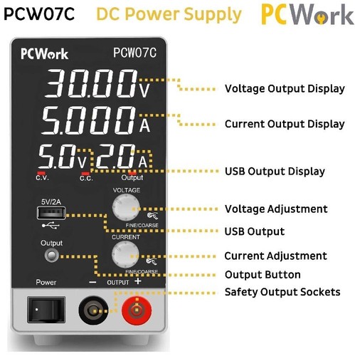 PCW07C Labornetzteil - Stabile 0-30V/0-5A Versorgung, USB, LED-Display - Afbeelding 5 van 5