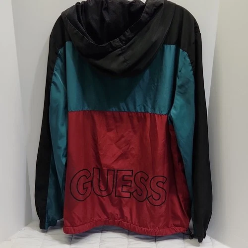 GUESS Los Angeles Men’s L Colorblock Hooded Full Zip Windbreaker Black/Teal/Red image 2