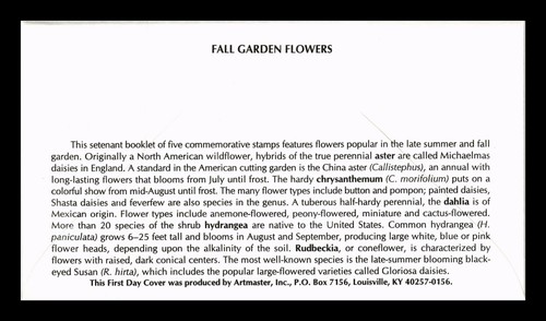 DR JIM STAMPS US COVER FALL GARDEN FLOWERS BOOKLET FDC ARTMASTER CACHET - Picture 2 of 2