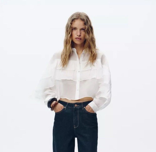 NWT ZARA Semi-Sheer White Ruffled Crop Top Blouse Size S