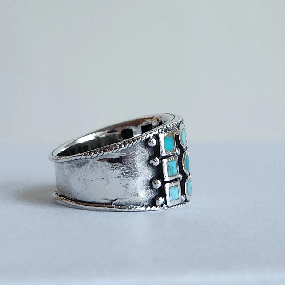 Винтажное кольцо из чистого серебра с бирюзой инкрустация широкая лента размер 6,5, 7,5 г - Изображение 3 из 4