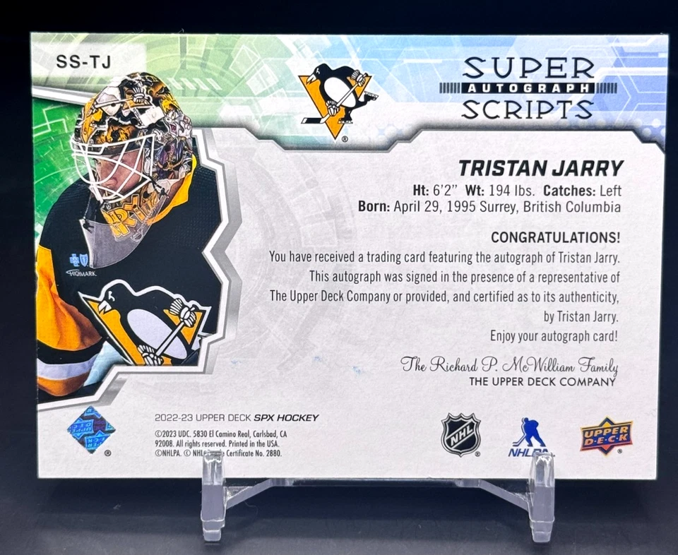 2022-23 Upper Deck SPx - Tristan Jarry #SS-TJ - Super scripts Auto - Image 2 of 2