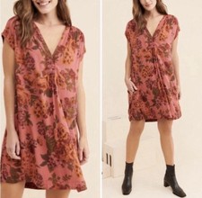 Anthropologie Kimber Floral Tunic Shift Dress XS Pink Brown V-Neck Cottagecore