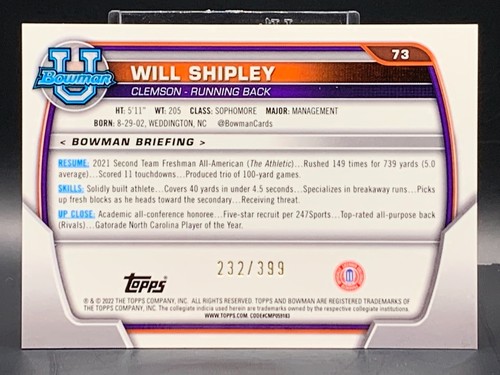 2022 Bowman U Chrome Purple Mini-Diamond Refractor /399 Will Shipley #73 - Picture 2 of 2