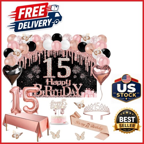 49pcs 15th Birthday Party Decor Set with Balloons Banner Tablecloth and Candles