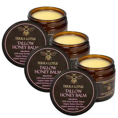 3PC Organic Grass-Fed Beef Tallow Balm with Raw Honey Lavender Skin Moisturizer