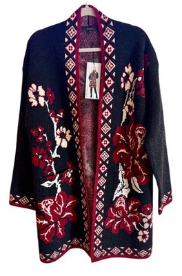 MaxSport LA NWT Cardigan Sweater M Floral Knit Duster Boho Open Front Black Red