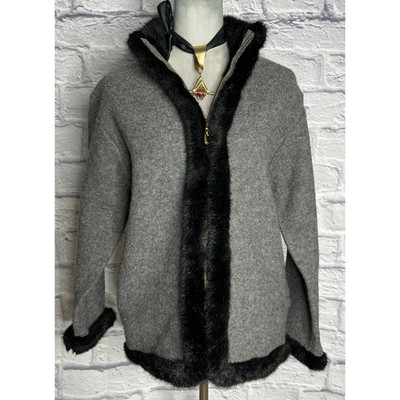 Vintage Lisa International Warm & Thick Boiled Wool Zip Sweater w/Faux Fur Trim