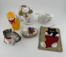 Cat Theme Ornaments Lot of 6 Ceramic Resin Felt Vintage & New Mixed Assortment
