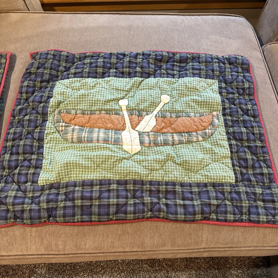 Vtg Patch Magic Quilted Pillow Shams Cover Patchwork Plaid Bear Canoe Cabin Set - Image 3 of 4