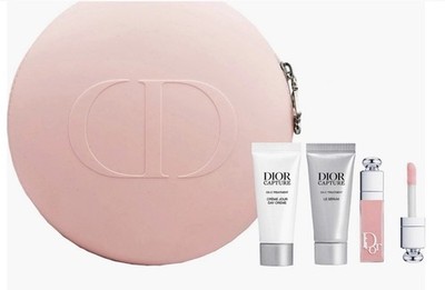 Dior Beauty Round Pink Cosmetics Pouch, Lip Gloss & Skincare 4 Pc Set *NIB
