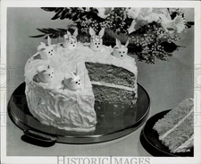 1956 Press Photo Easter carrot cake decorated with marshmallow bunnies