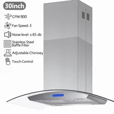 900 CFM Island Range Hood 30 inch Vent 3-Speed Touch Panel Tempered Glass New