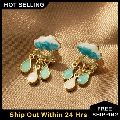 Cute Cloud Rain Drop Dangle Earrings For Women Girls Sweet White Glaze Cartoon B