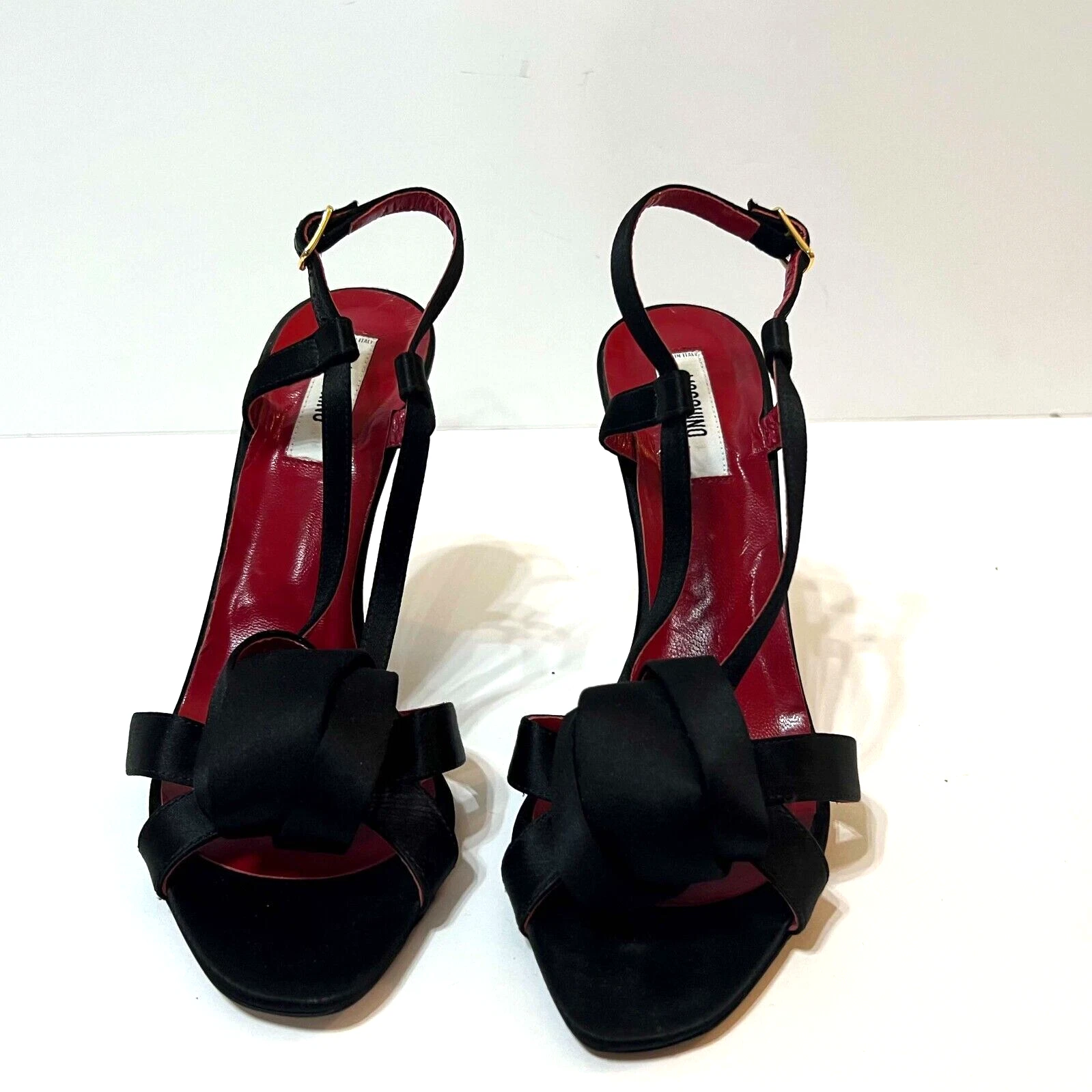 SANDALI MOSCHINO tacco alto abito formale nero raso punta aperta tg US 7 EU 38 fiocchi