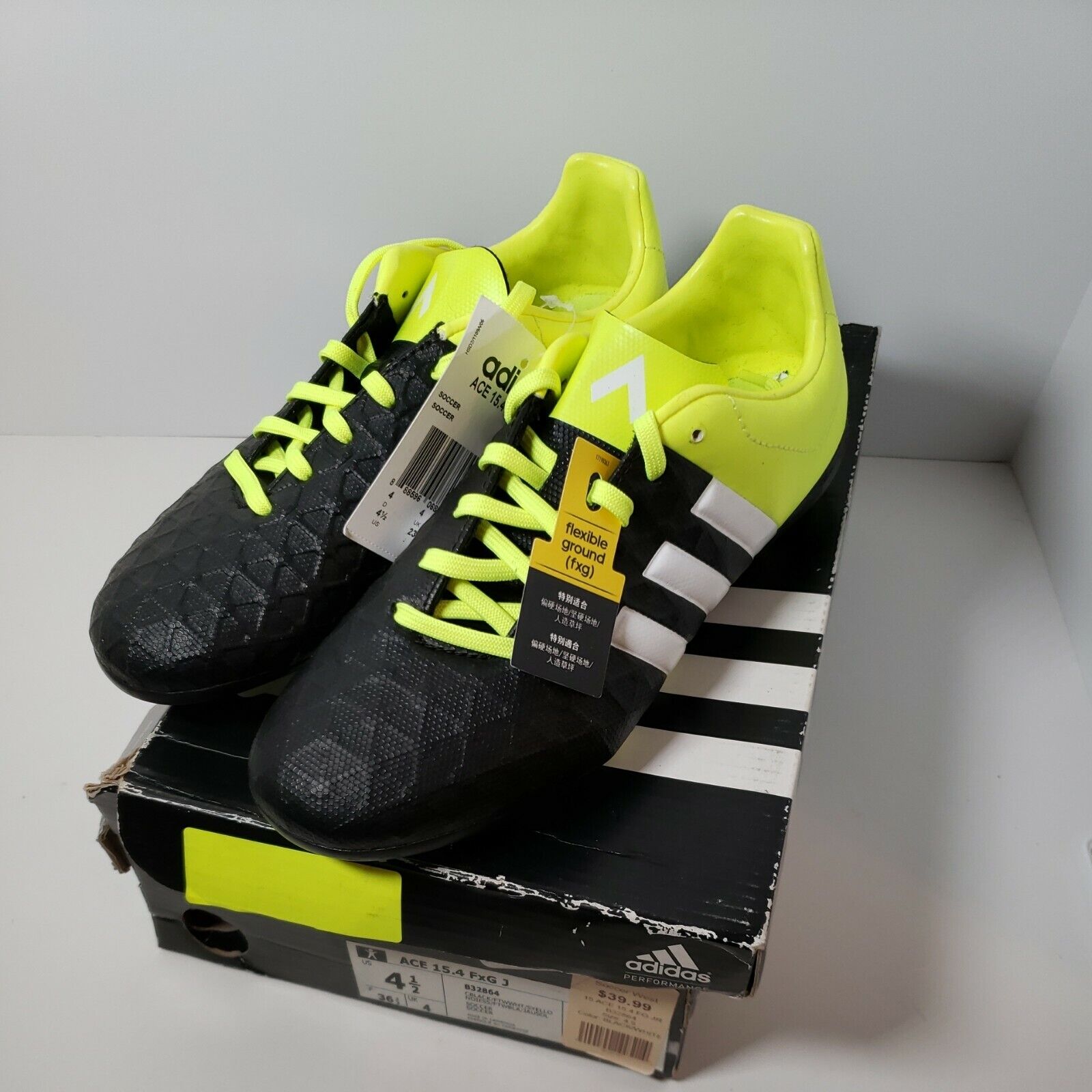Wardian case mark hard working Adidas Ace 15.4 FxG J Boys Black &amp; Neon Green Soccer Shoe Size 4.5  Brand New | eBay