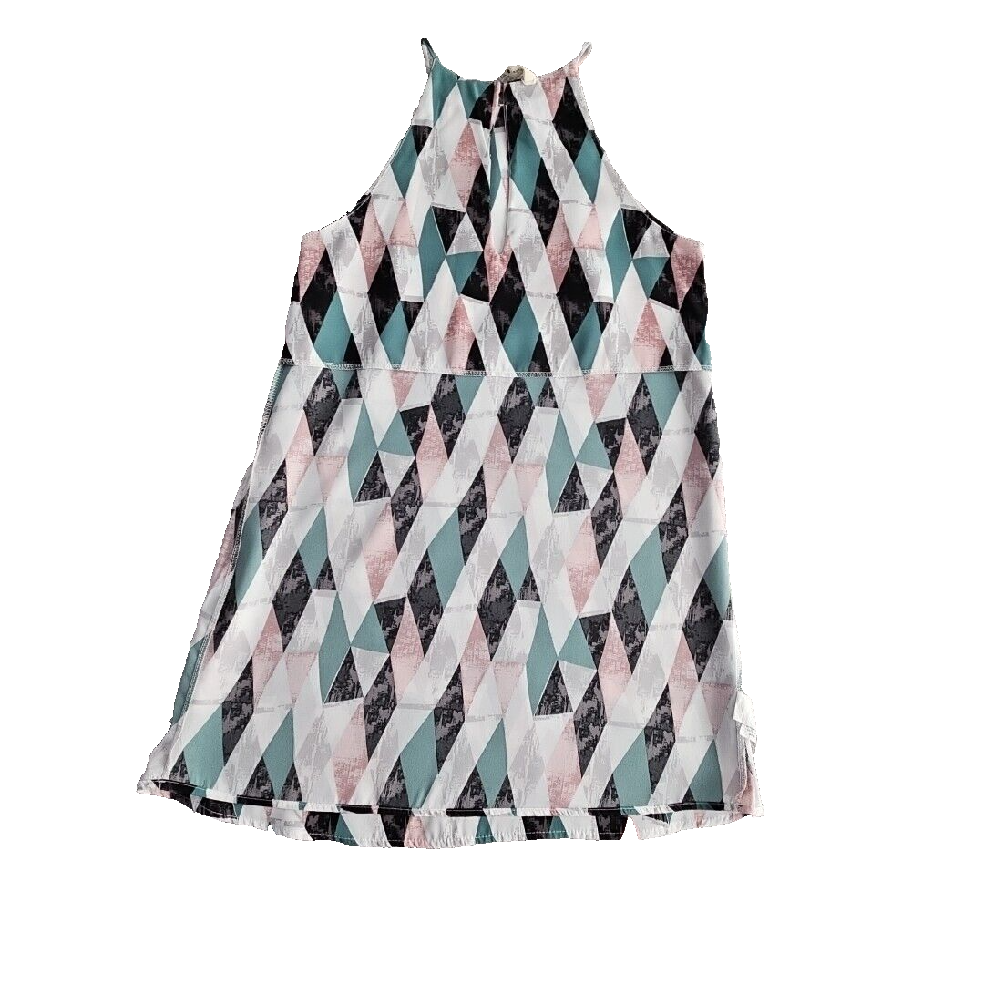 Boho Tyche Halter Dress Womens Size Small Sleeveless Mini Green Blue Harlequin