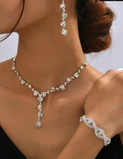 Wedding Jewelry Silver Rhinestone Crystal Necklace Bracelet Earrings Set Pageant