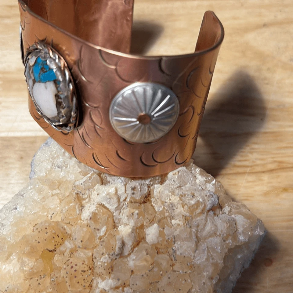 Pulsera, brazalete de cobre turquesa y ópalo, NUEVA, detalles esterlina, hecha a mano, artesanal Foto 4 de 4