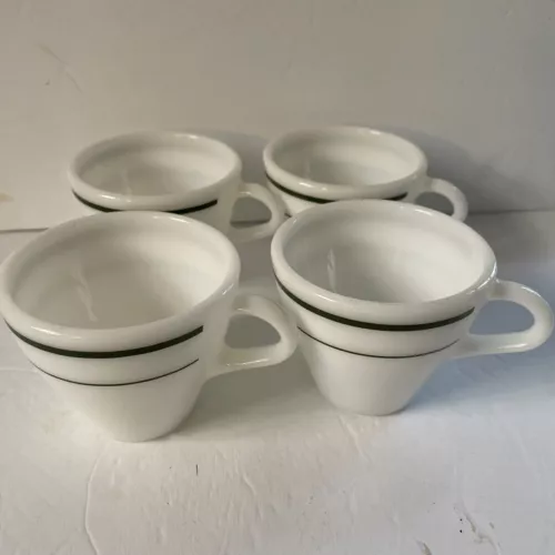 50’s Vintage 4 Pyrex Corning White Milk w/Teal Stripe Coffee Tea Cups # 721-26