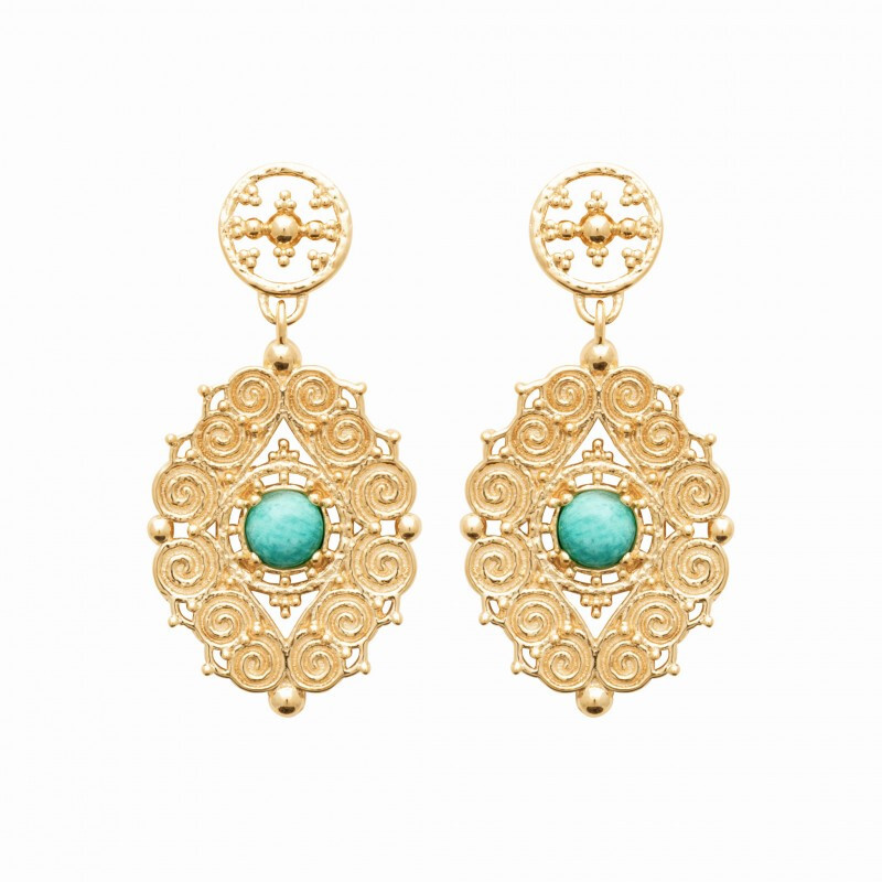 Boucles d'oreilles pendantes arabesque or 18k et amazonite, bijou de créateur