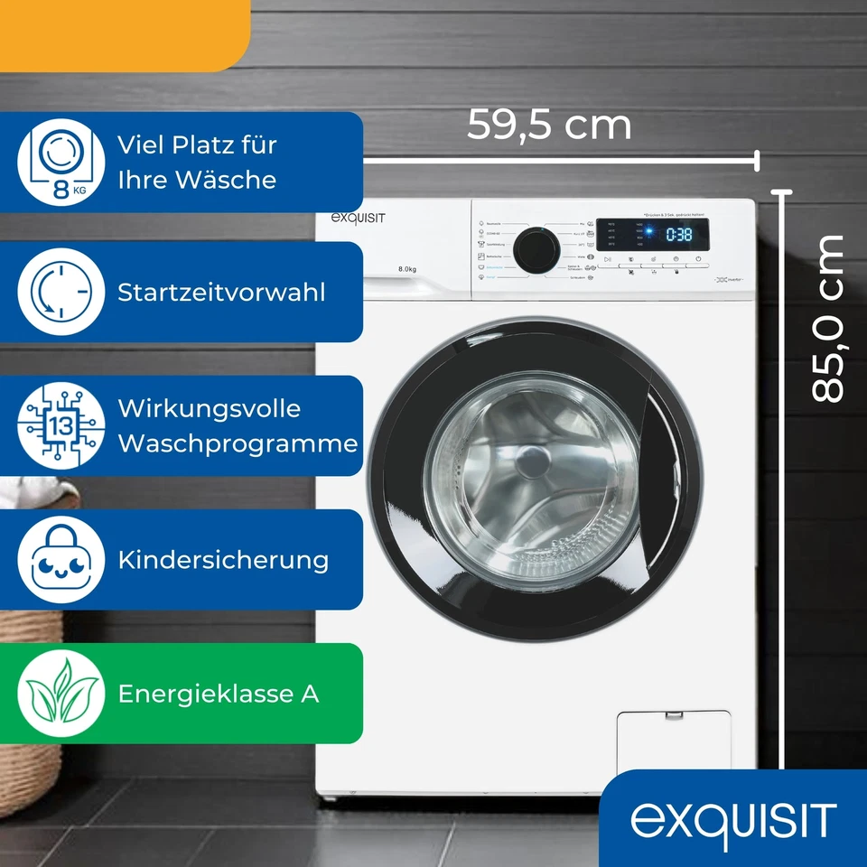 Exquisit Waschmaschine 8kg, Energieklasse A, 13 Programme, WA58014-020A weiss - Bild 3 von 4
