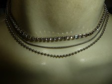 CHOKER 3 ROWS SILVER TONE CHAINS  RHINESTONES NECKLACE 8/14