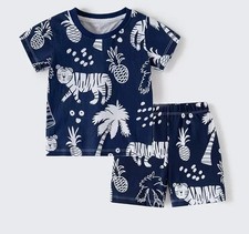 Boys Size 3-7 Navy Blue Tropical Tiger Summer Cotton Short Sleeve Pyjama Set Me